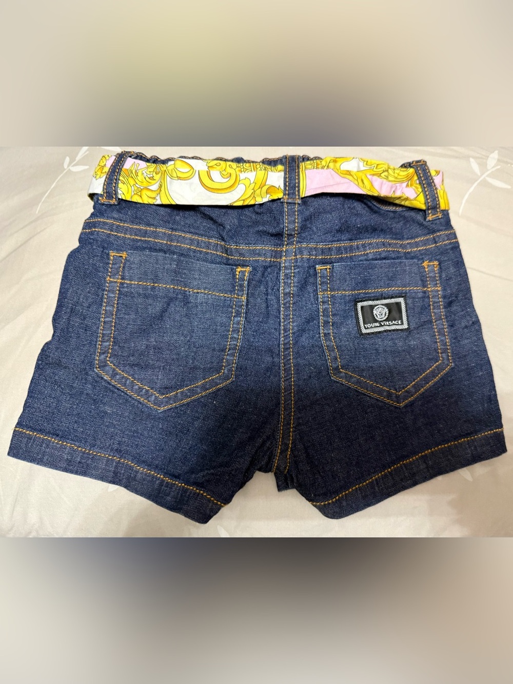 Versace Kids Dark Blue Denim Shorts with Yellow & Pink Trim